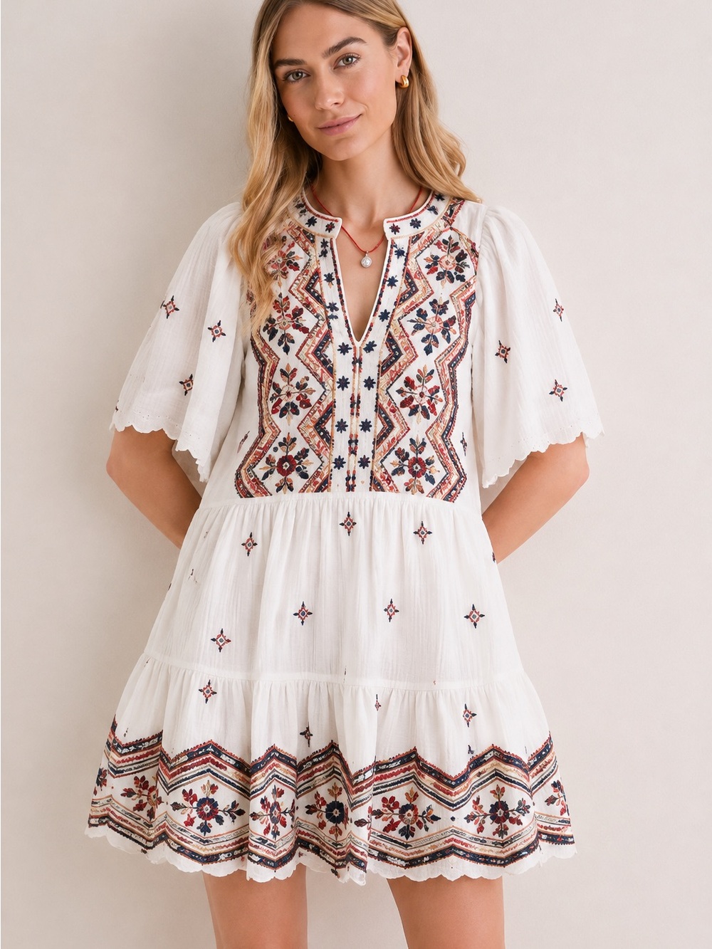 Sundance Embroidered Boho Tiered Dress – White Multi – Size Medium